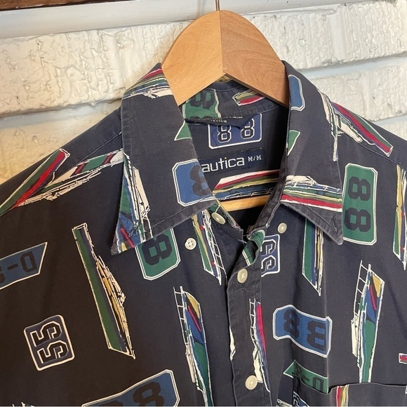 Vintage Nautica Sailing Button Up Shirt Men’s Size Medium Navy Blue Boating - Picture 4 of 14